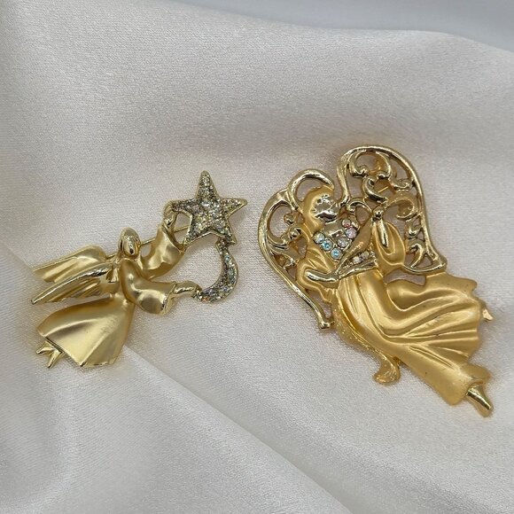 Festive Joy Holiday Gold Tone Angels Religious Faith Christian Brooch Pins 2PC - Picture 4 of 15
